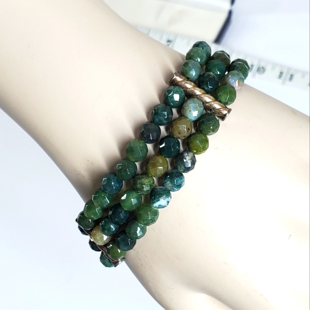Carol & Co Vintage Moss Green Agate Bracket 7.5" Beaded Sterling Silver 92.5